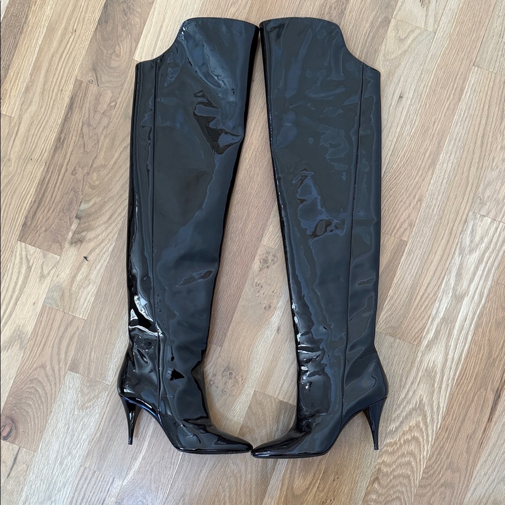 Saint Laurent Shiny Black Over-the-Knee Boots - Picture 2 of 3